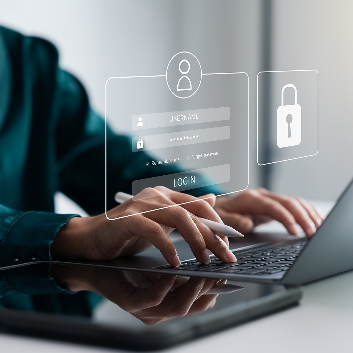 woman logging into a laptop, graphics overlayed